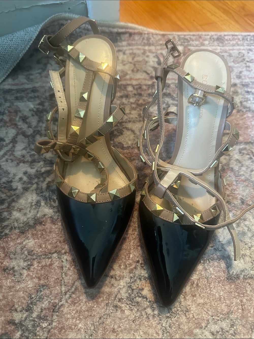 BCBGeneration Black Patent Pointed-Toe Heels with Tan Studded Straps